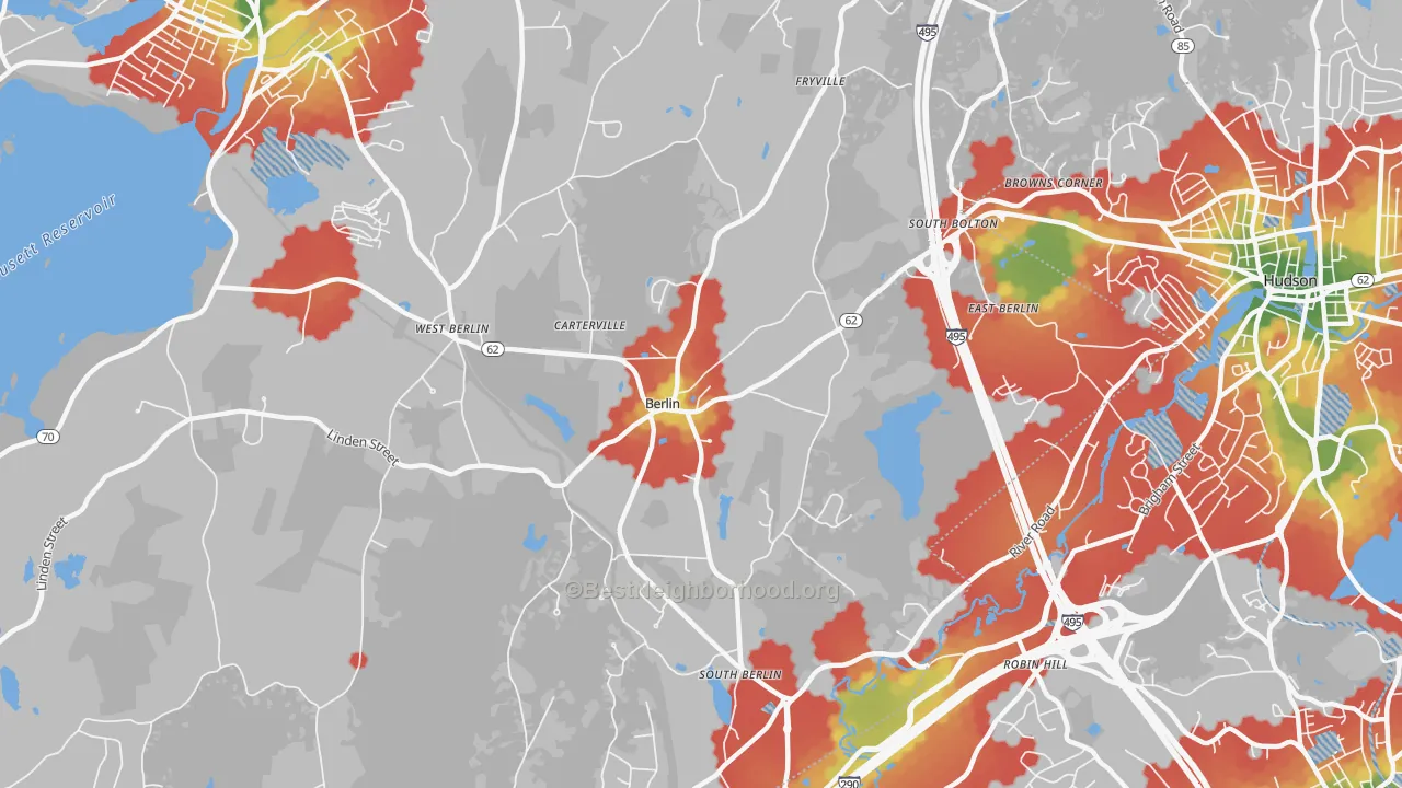 Walk Grade map of 01503, MA, walkable areas in green and car-dependent areas in red
