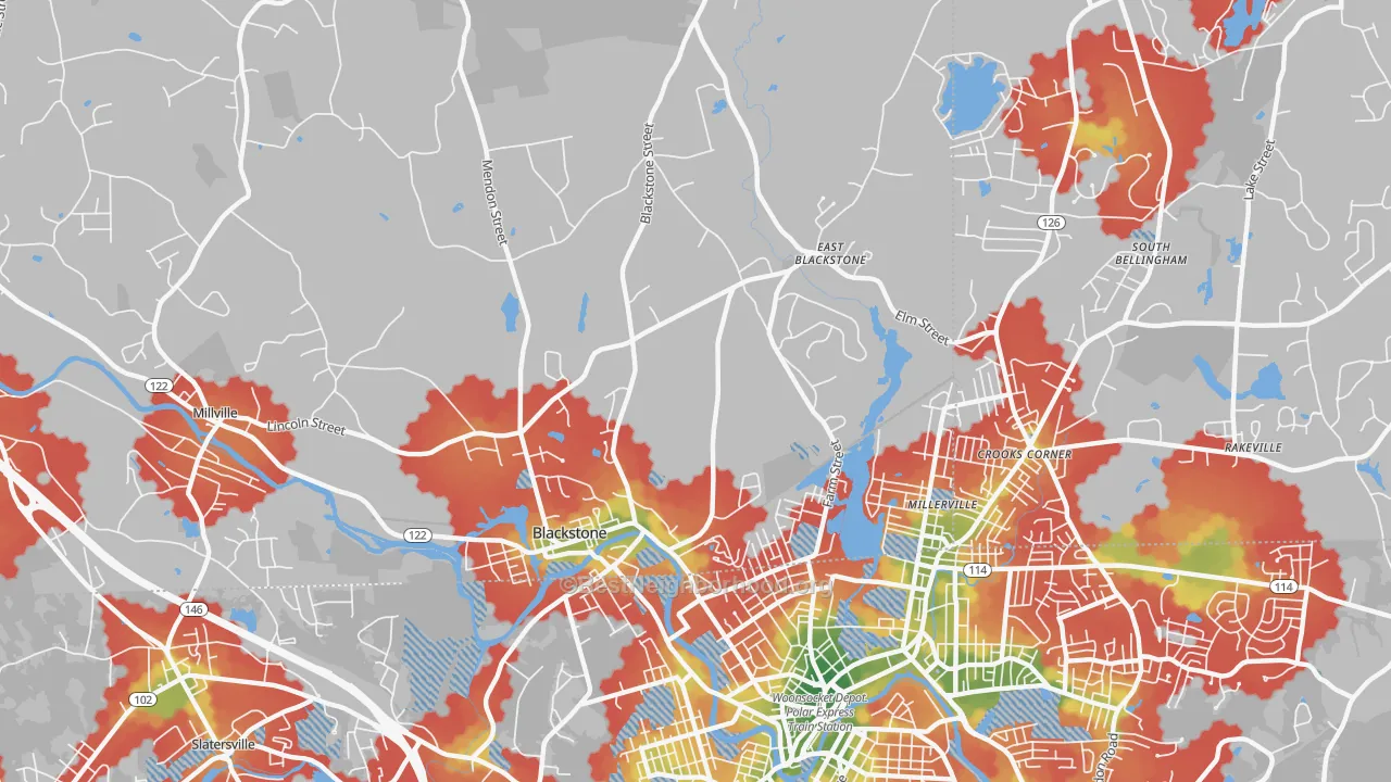 Walk Grade map of 01504, MA, walkable areas in green and car-dependent areas in red