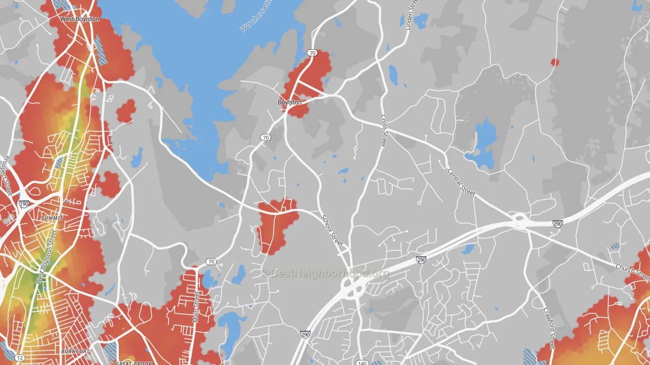 Walk Grade map of 01505, MA, walkable areas in green and car-dependent areas in red
