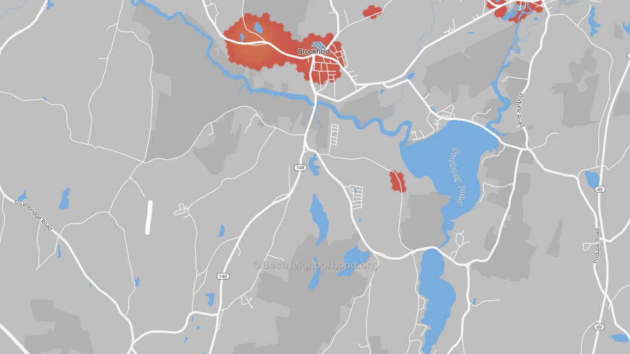 Walk Grade map of 01506, MA, walkable areas in green and car-dependent areas in red