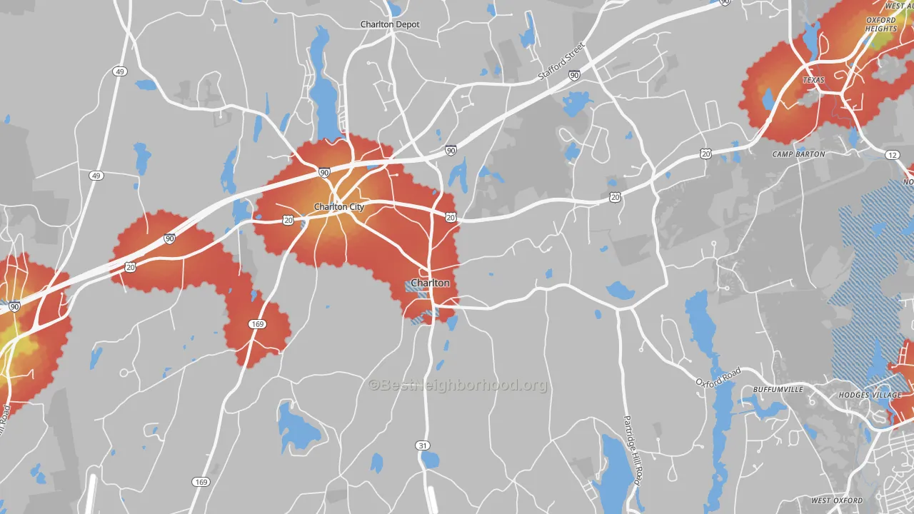 Walk Grade map of 01507, MA, walkable areas in green and car-dependent areas in red