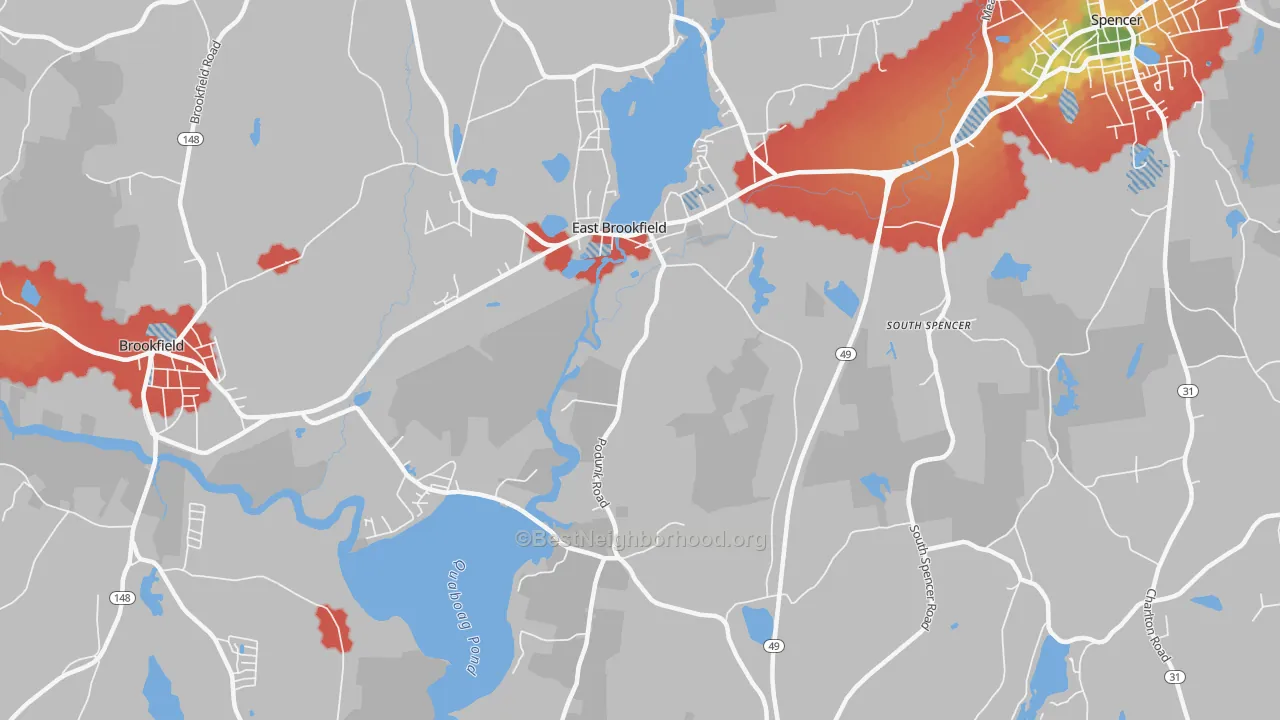 Walk Grade map of 01515, MA, walkable areas in green and car-dependent areas in red