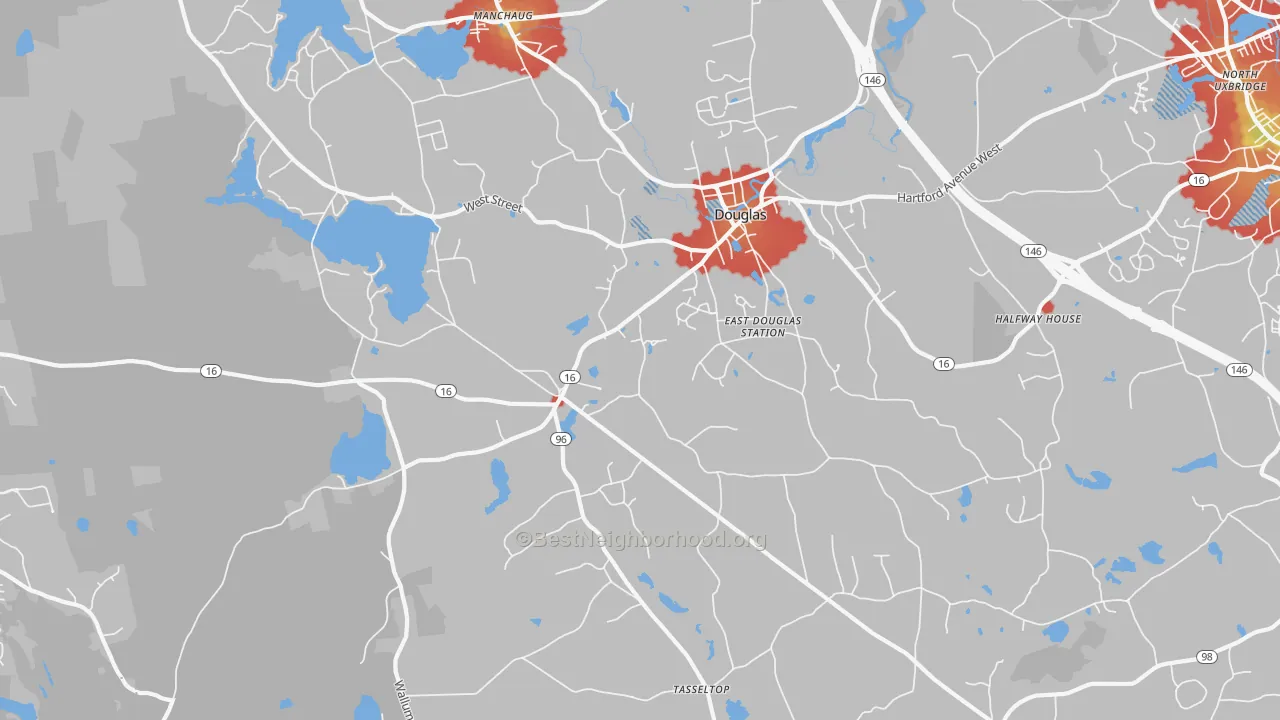 Walk Grade map of 01516, MA, walkable areas in green and car-dependent areas in red