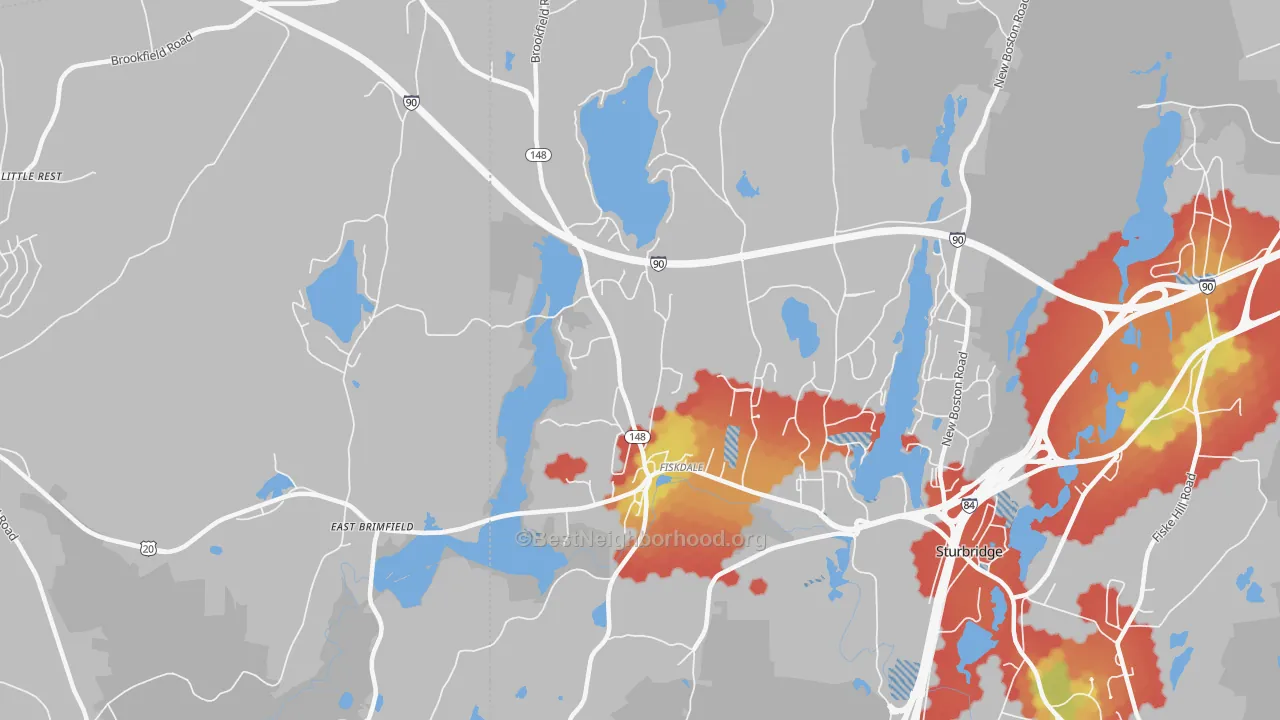 Walk Grade map of 01518, MA, walkable areas in green and car-dependent areas in red