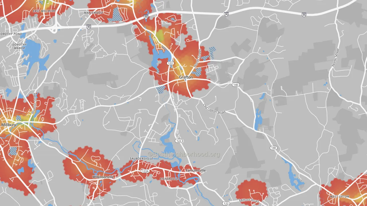Walk Grade map of 01519, MA, walkable areas in green and car-dependent areas in red
