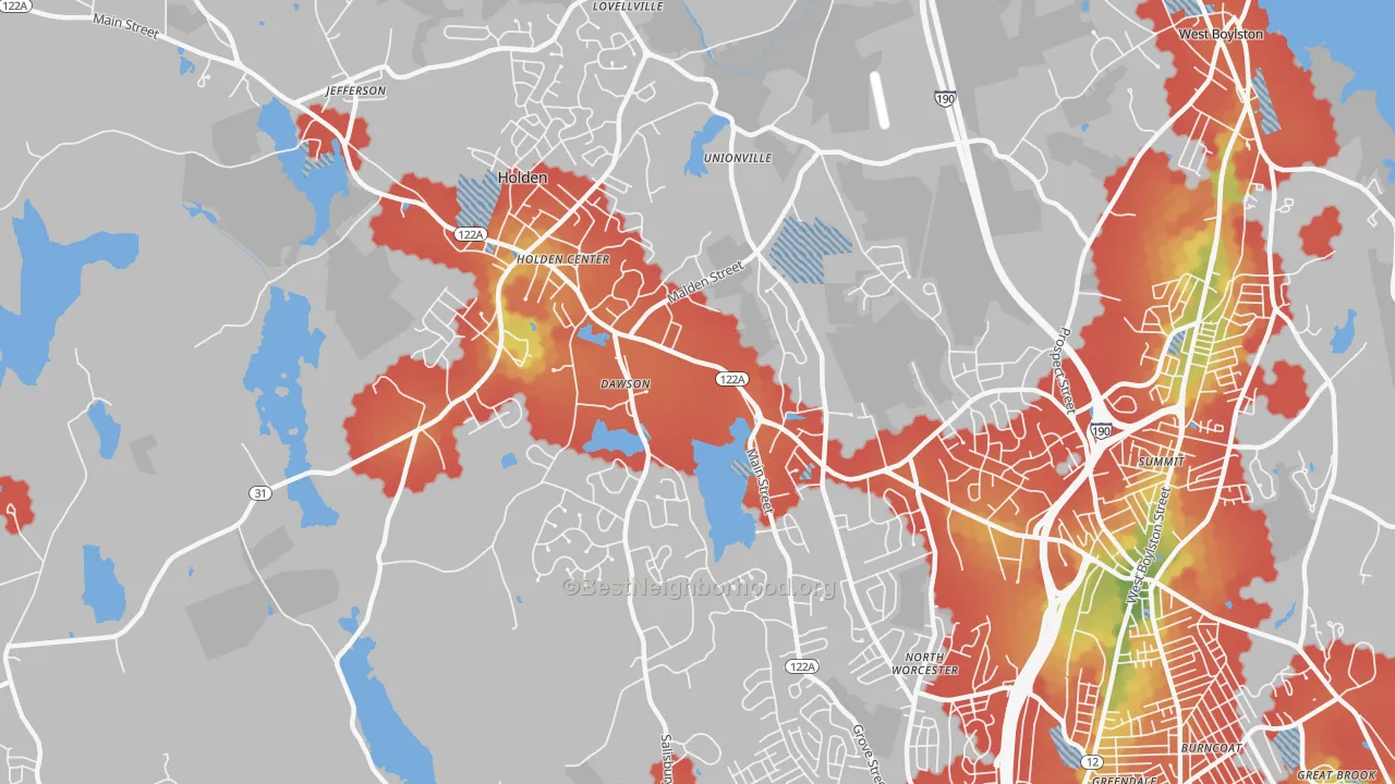 Walk Grade map of 01520, MA, walkable areas in green and car-dependent areas in red