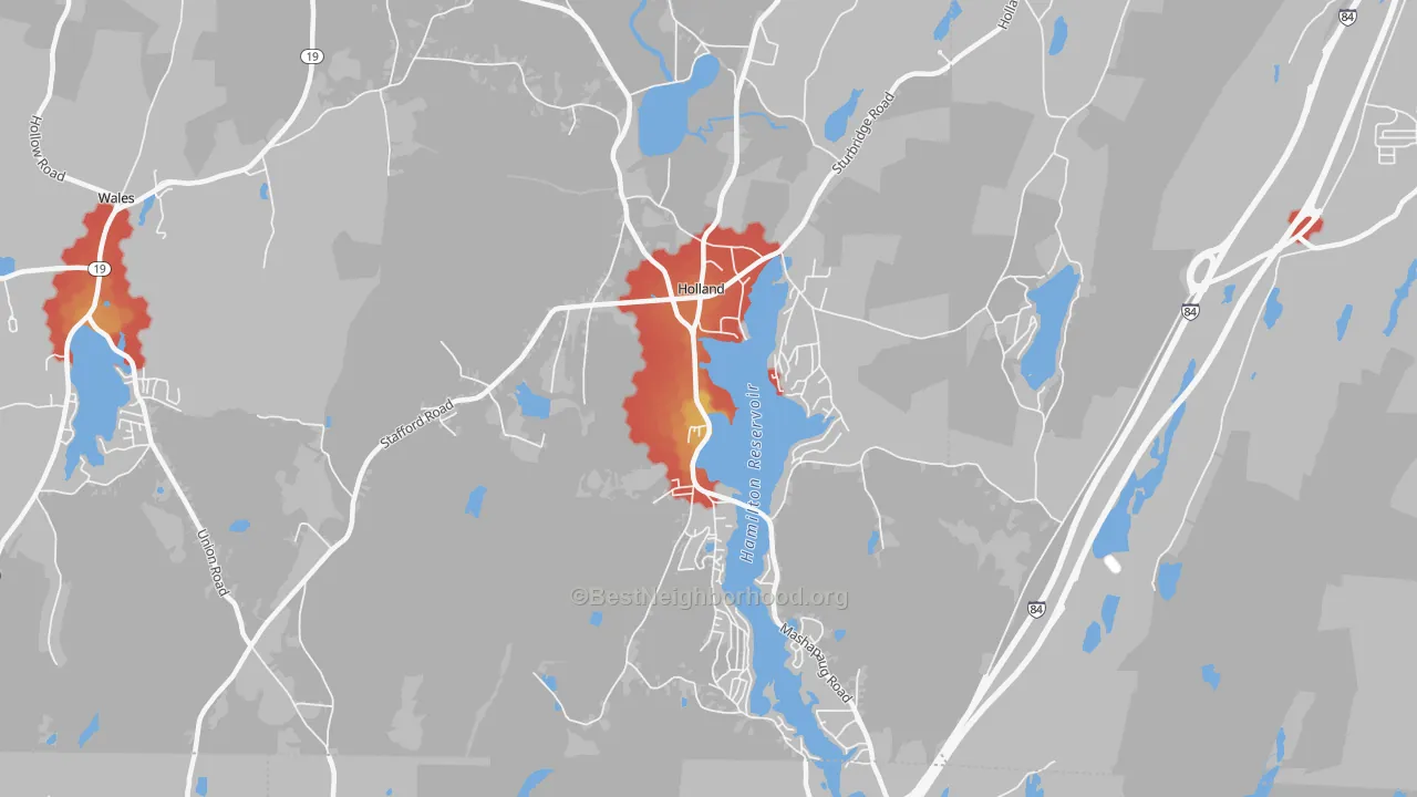 Walk Grade map of 01521, MA, walkable areas in green and car-dependent areas in red