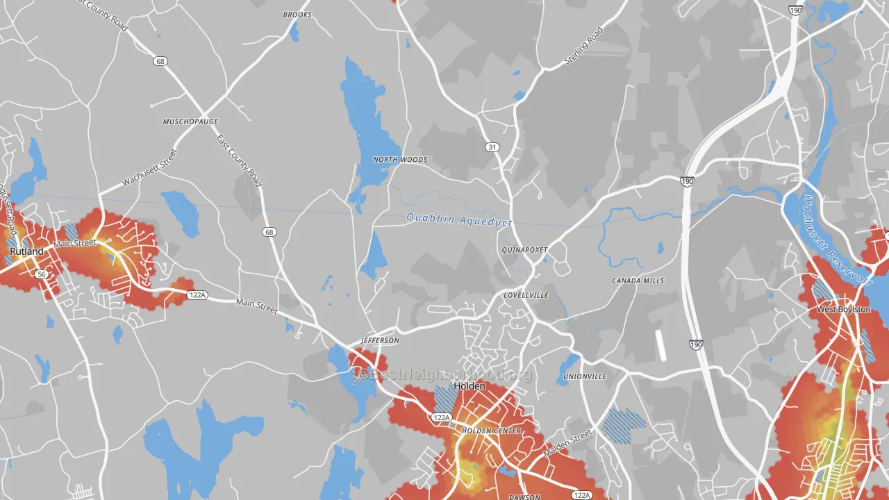 Walk Grade map of 01522, MA, walkable areas in green and car-dependent areas in red