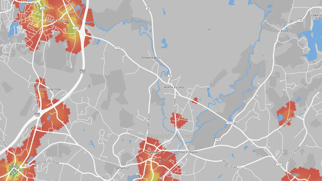 Walk Grade map of 01523, MA, walkable areas in green and car-dependent areas in red