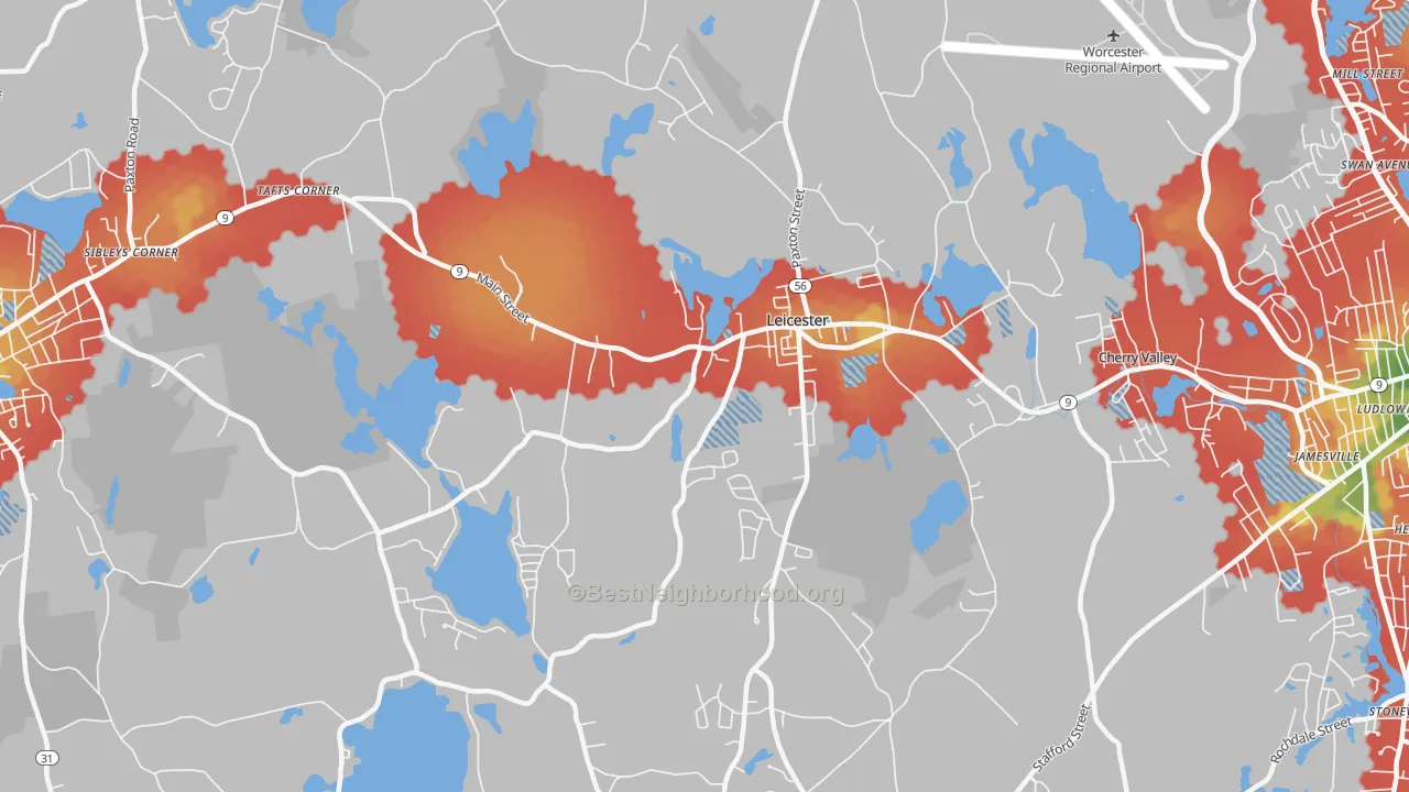 Walk Grade map of 01524, MA, walkable areas in green and car-dependent areas in red
