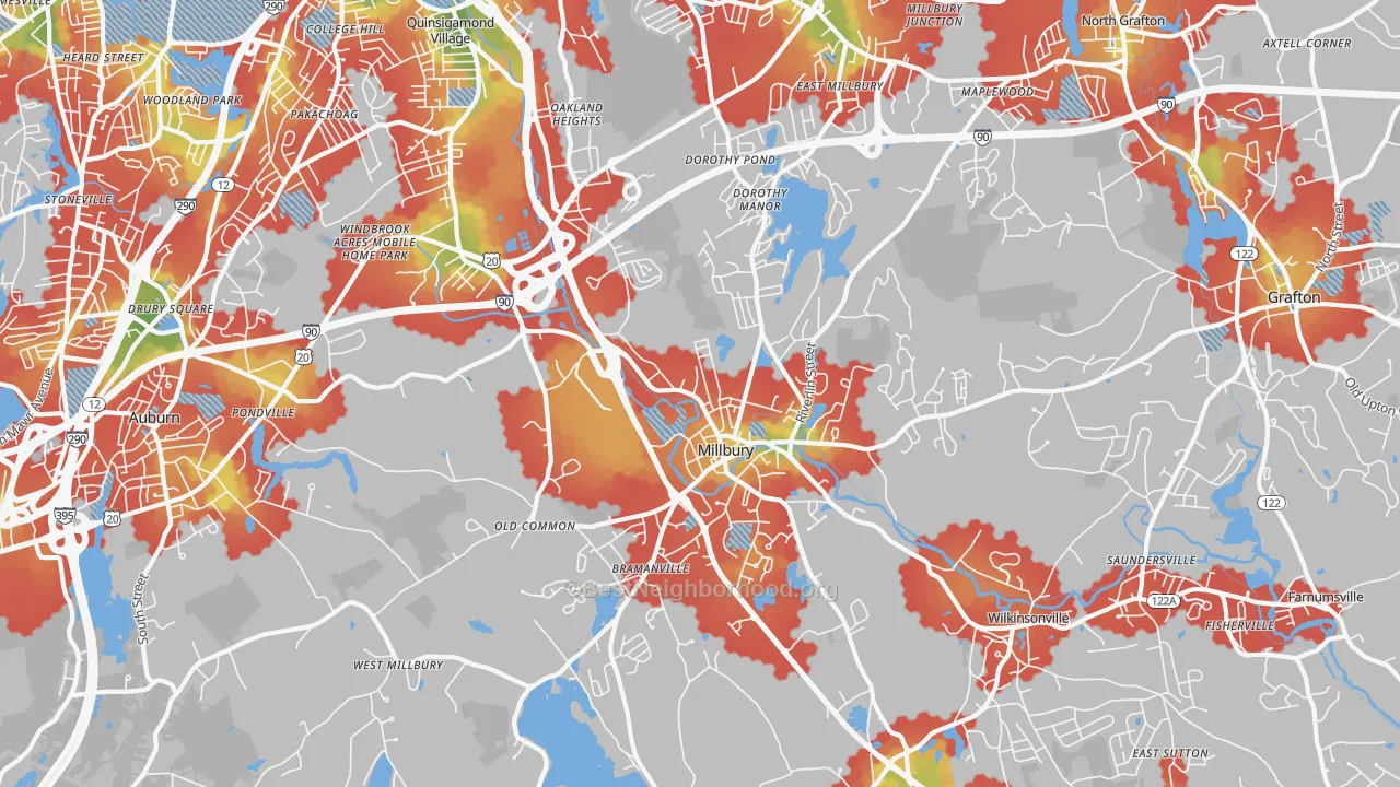 Walk Grade map of 01527, MA, walkable areas in green and car-dependent areas in red