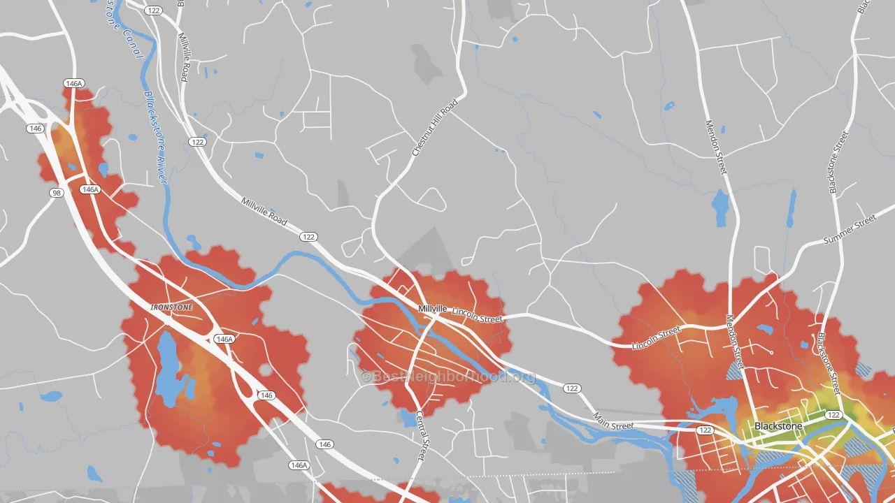 Walk Grade map of 01529, MA, walkable areas in green and car-dependent areas in red