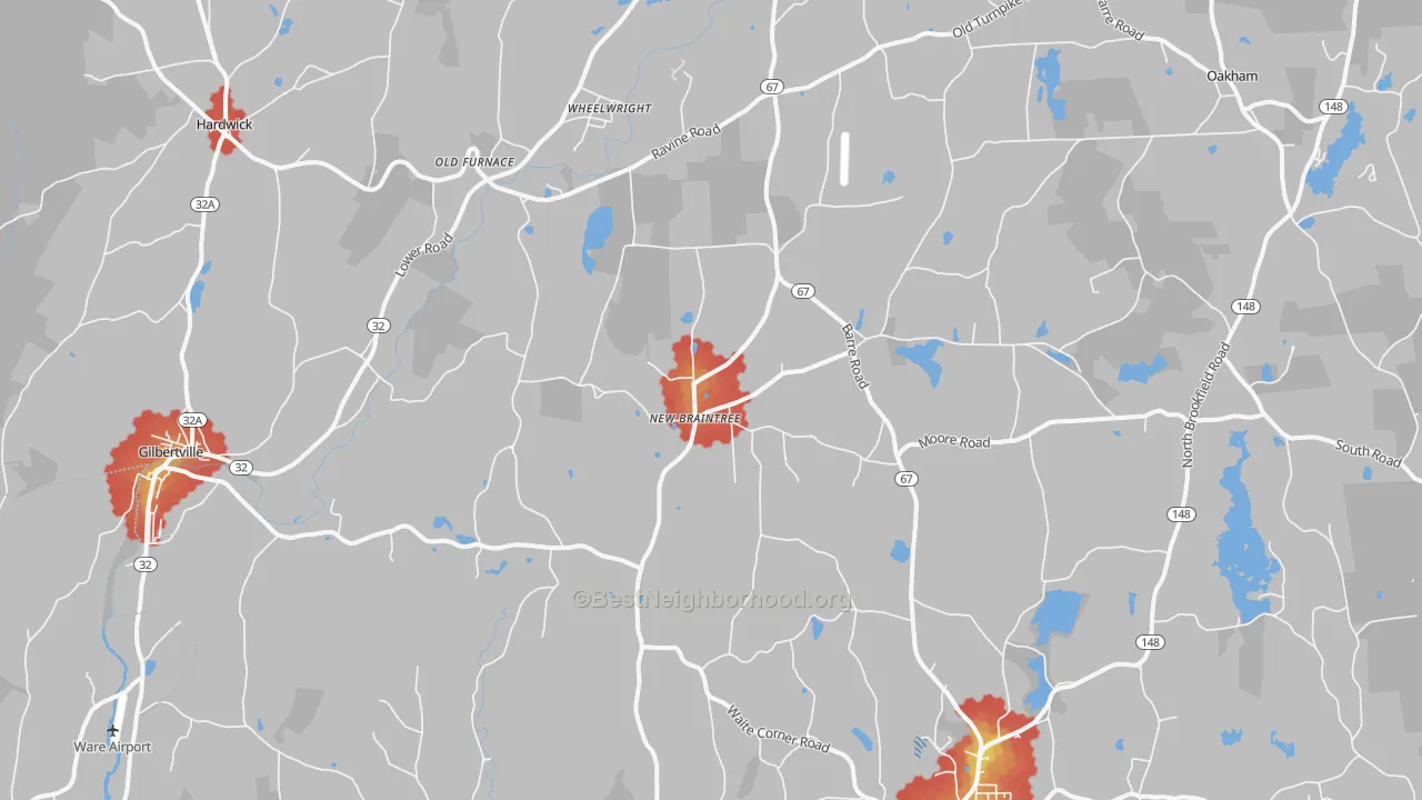 Walk Grade map of 01531, MA, walkable areas in green and car-dependent areas in red