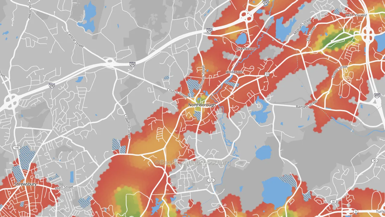 Walk Grade map of 01532, MA, walkable areas in green and car-dependent areas in red