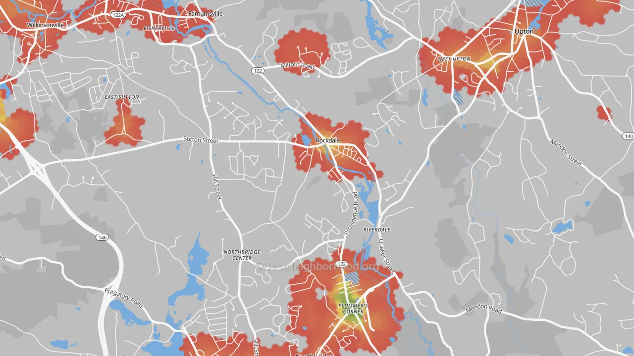 Walk Grade map of 01534, MA, walkable areas in green and car-dependent areas in red