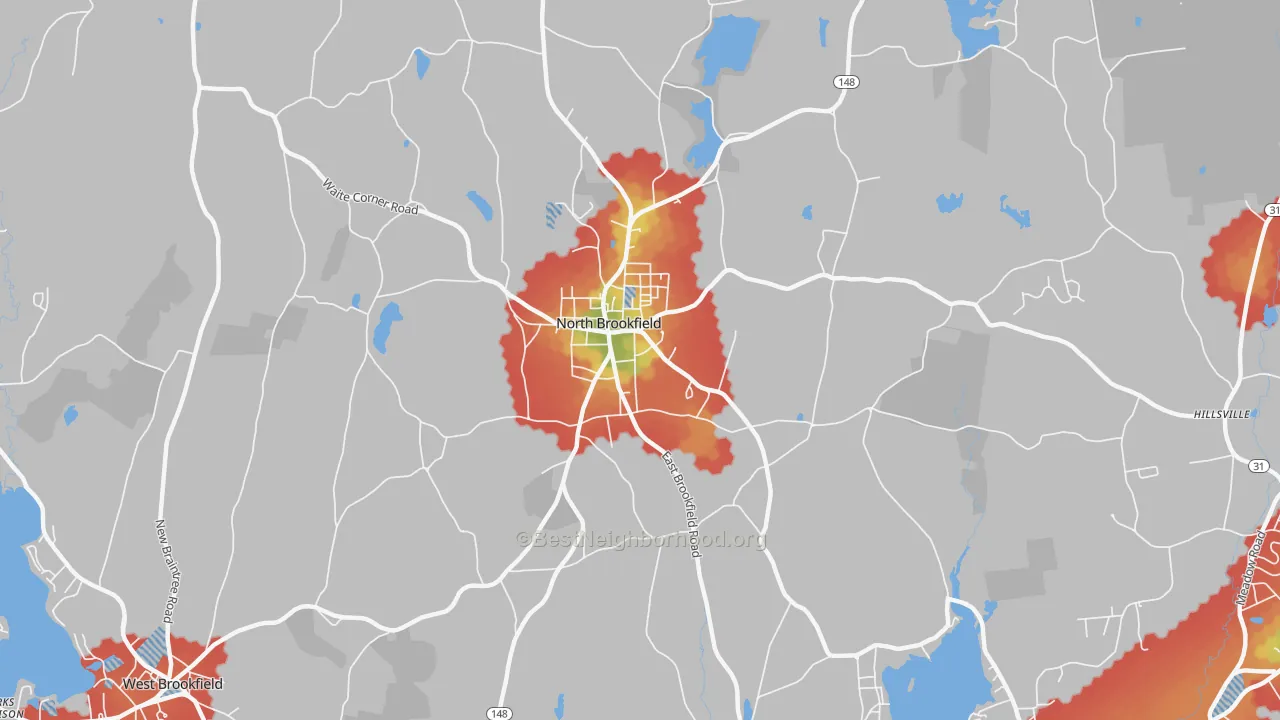 Walk Grade map of 01535, MA, walkable areas in green and car-dependent areas in red