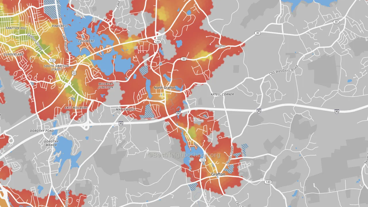Walk Grade map of 01536, MA, walkable areas in green and car-dependent areas in red