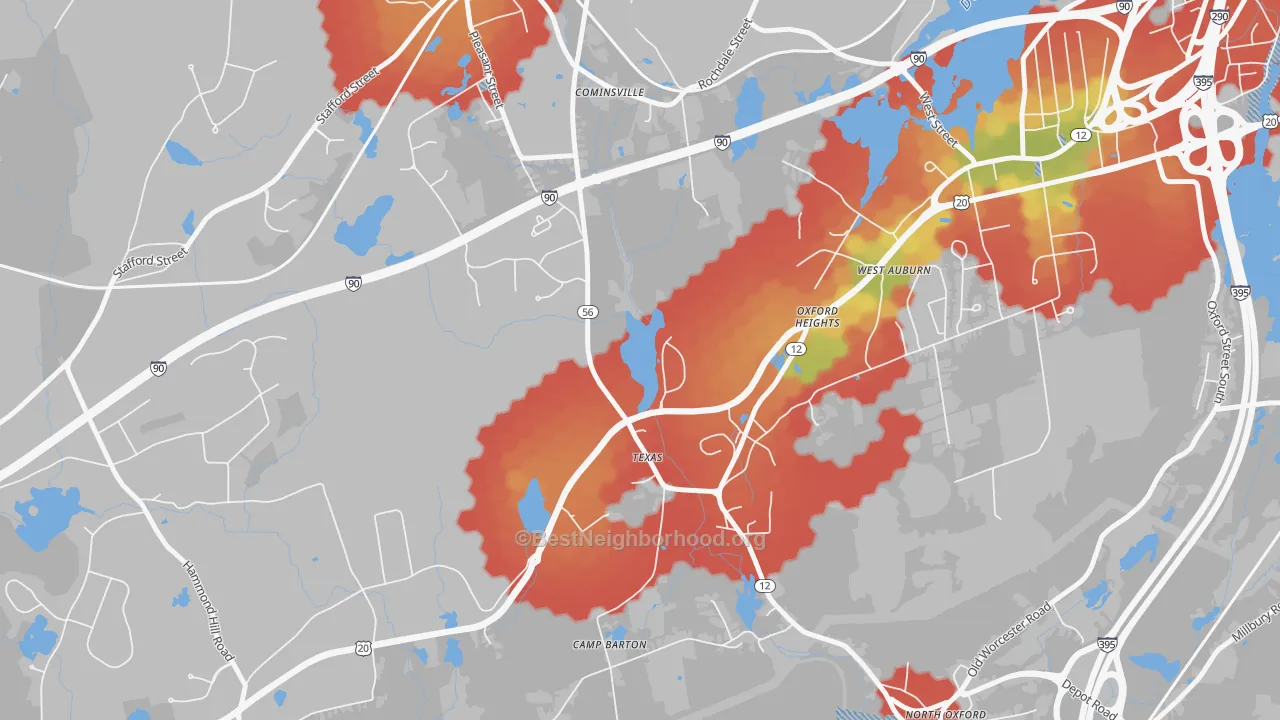 Walk Grade map of 01537, MA, walkable areas in green and car-dependent areas in red