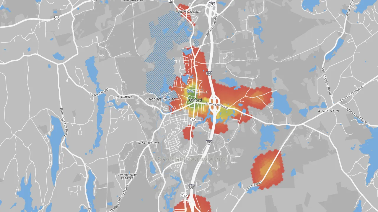 Walk Grade map of 01540, MA, walkable areas in green and car-dependent areas in red