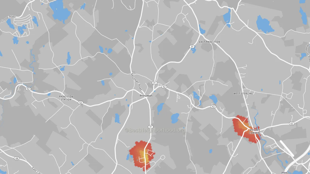 Walk Grade map of 01541, MA, walkable areas in green and car-dependent areas in red