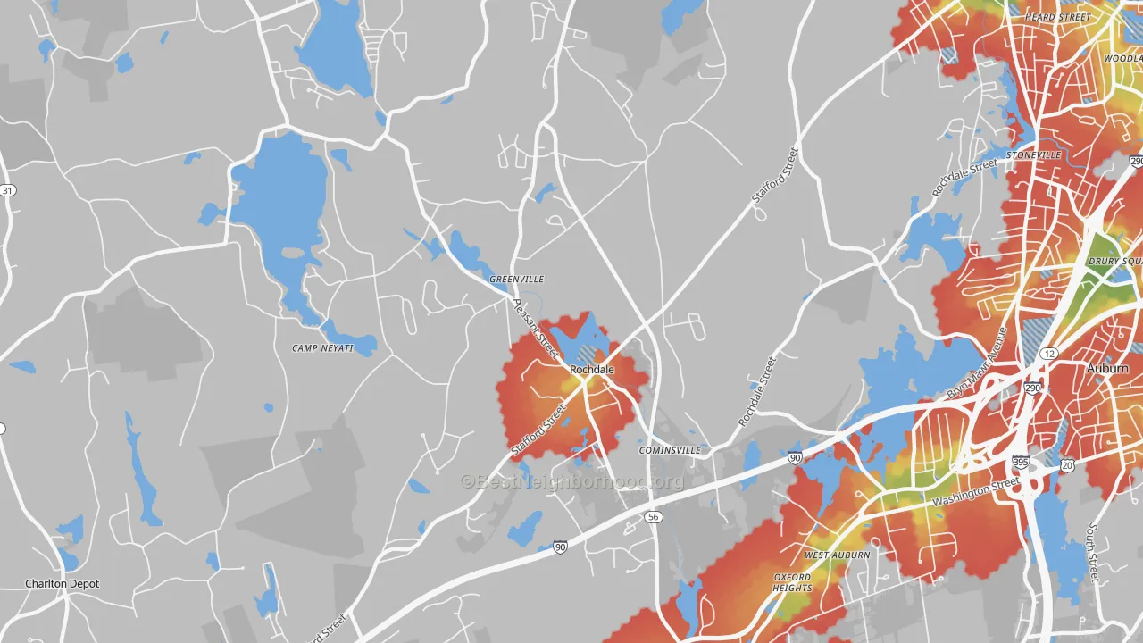 Walk Grade map of 01542, MA, walkable areas in green and car-dependent areas in red