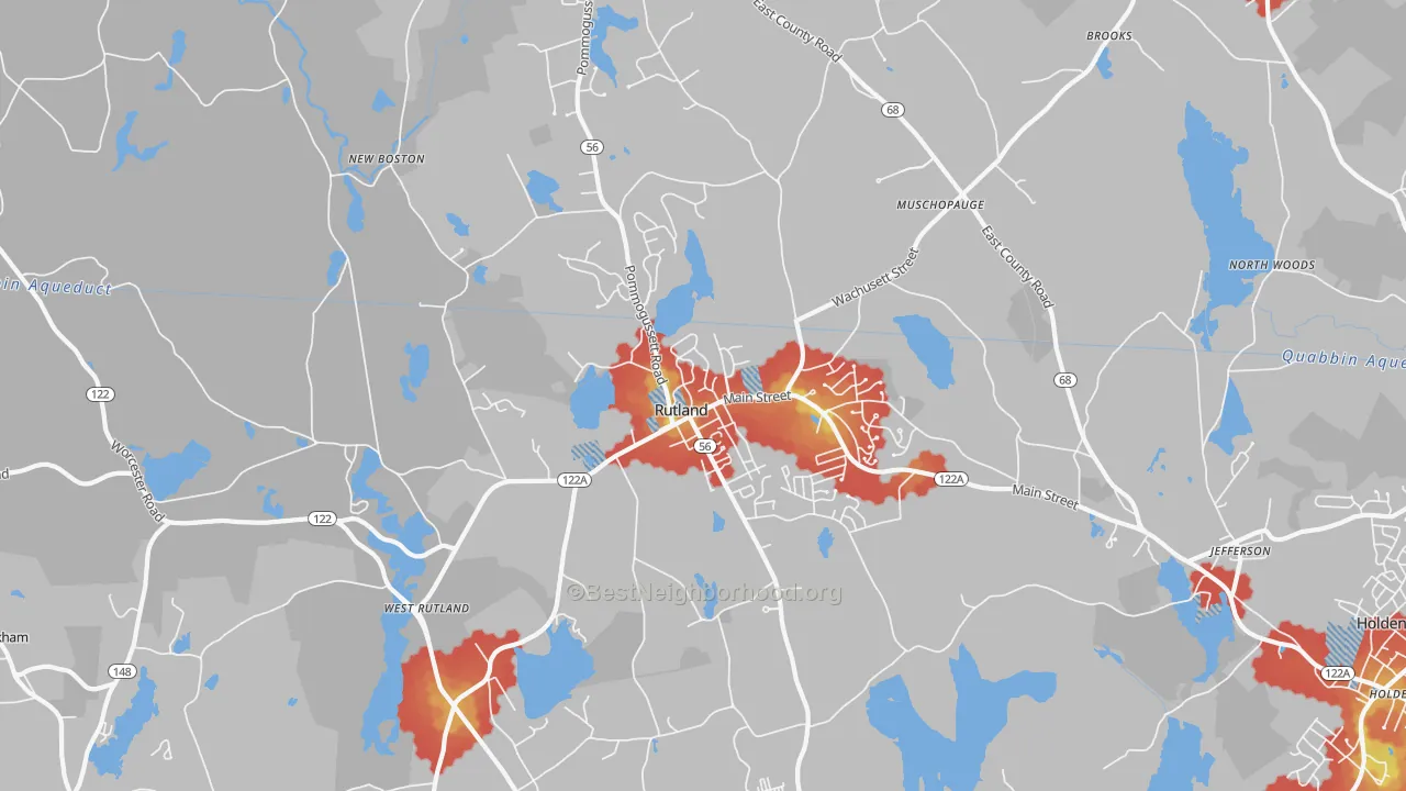 Walk Grade map of 01543, MA, walkable areas in green and car-dependent areas in red