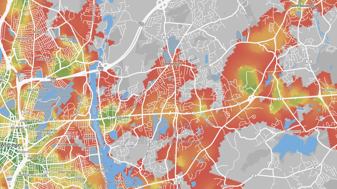 Walk Grade map of 01545, MA, walkable areas in green and car-dependent areas in red