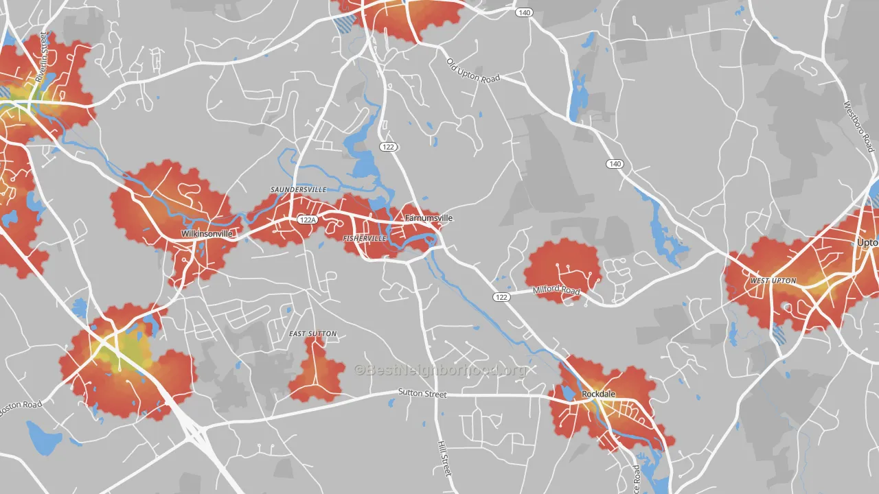 Walk Grade map of 01560, MA, walkable areas in green and car-dependent areas in red