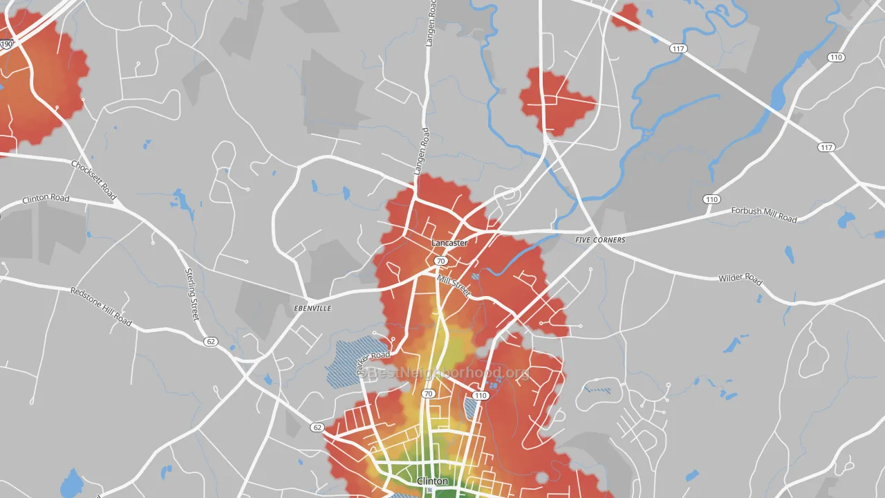 Walk Grade map of 01561, MA, walkable areas in green and car-dependent areas in red