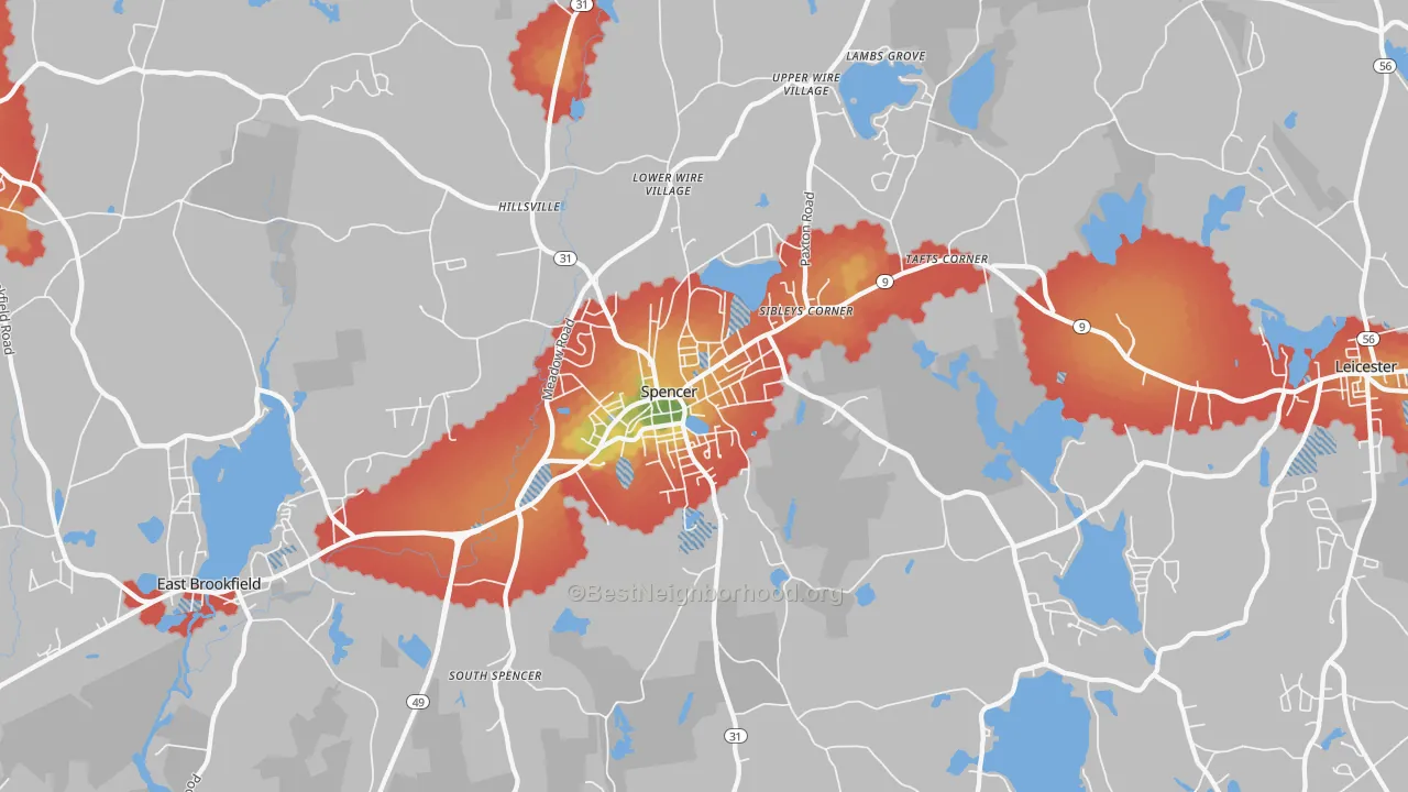 Walk Grade map of 01562, MA, walkable areas in green and car-dependent areas in red