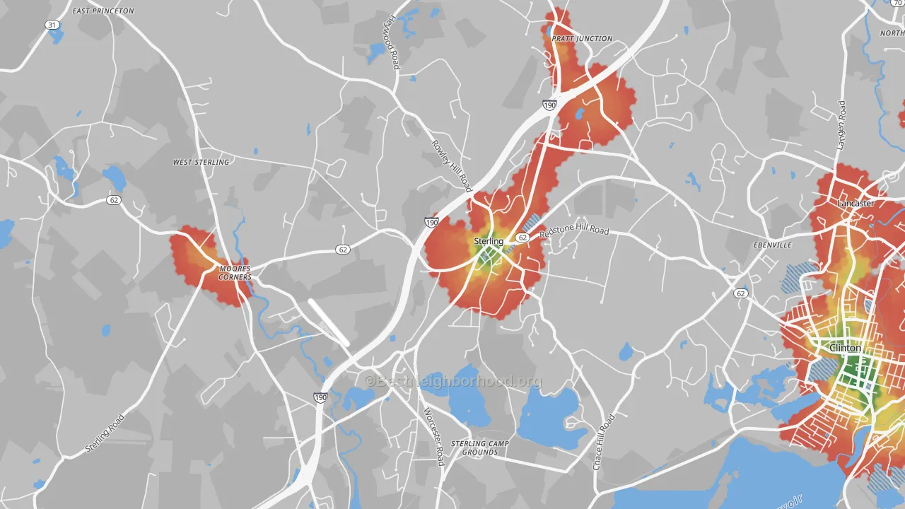 Walk Grade map of 01564, MA, walkable areas in green and car-dependent areas in red