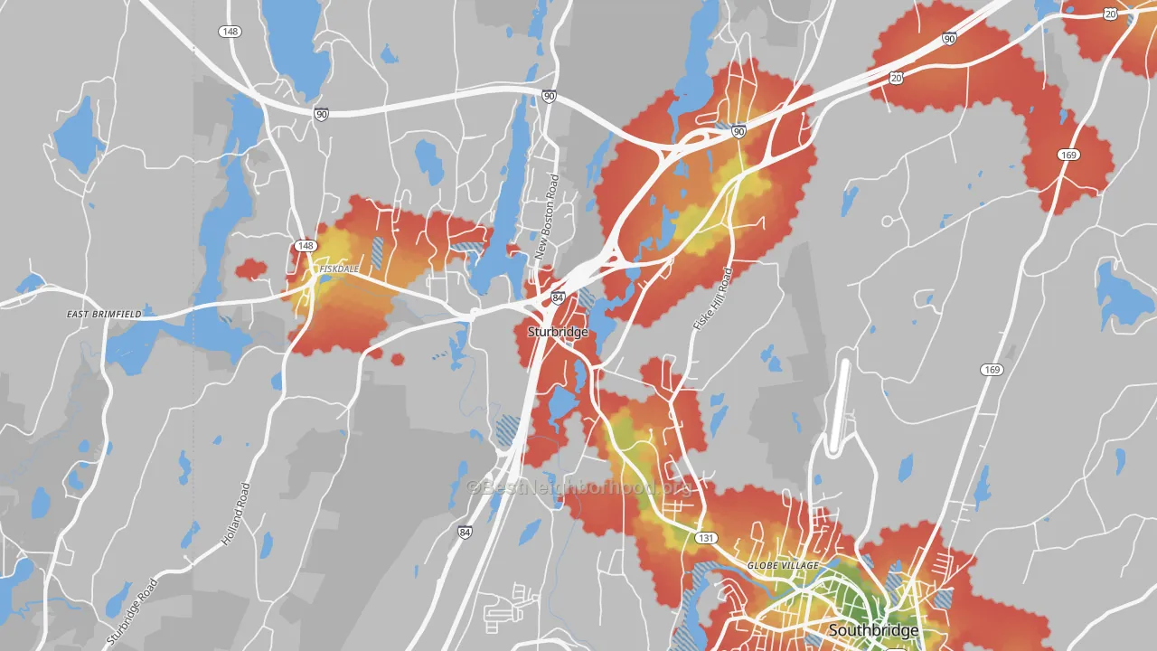 Walk Grade map of 01566, MA, walkable areas in green and car-dependent areas in red