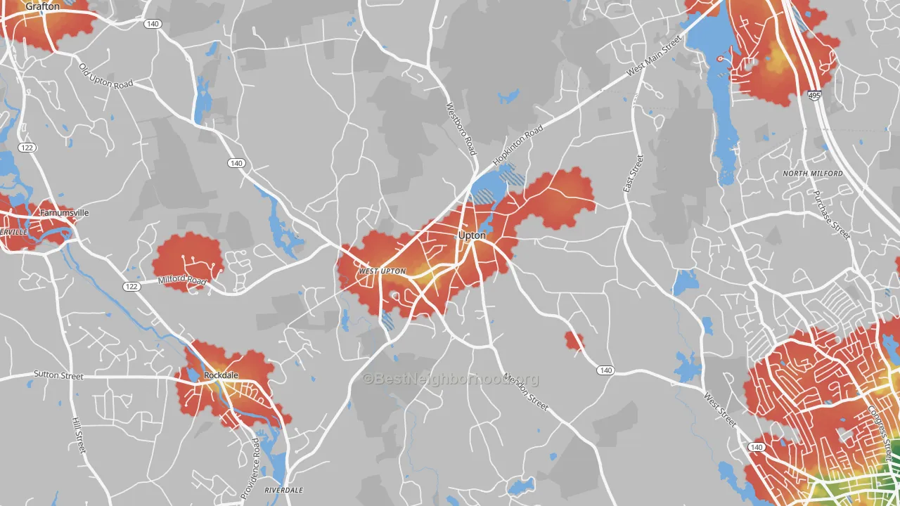 Walk Grade map of 01568, MA, walkable areas in green and car-dependent areas in red