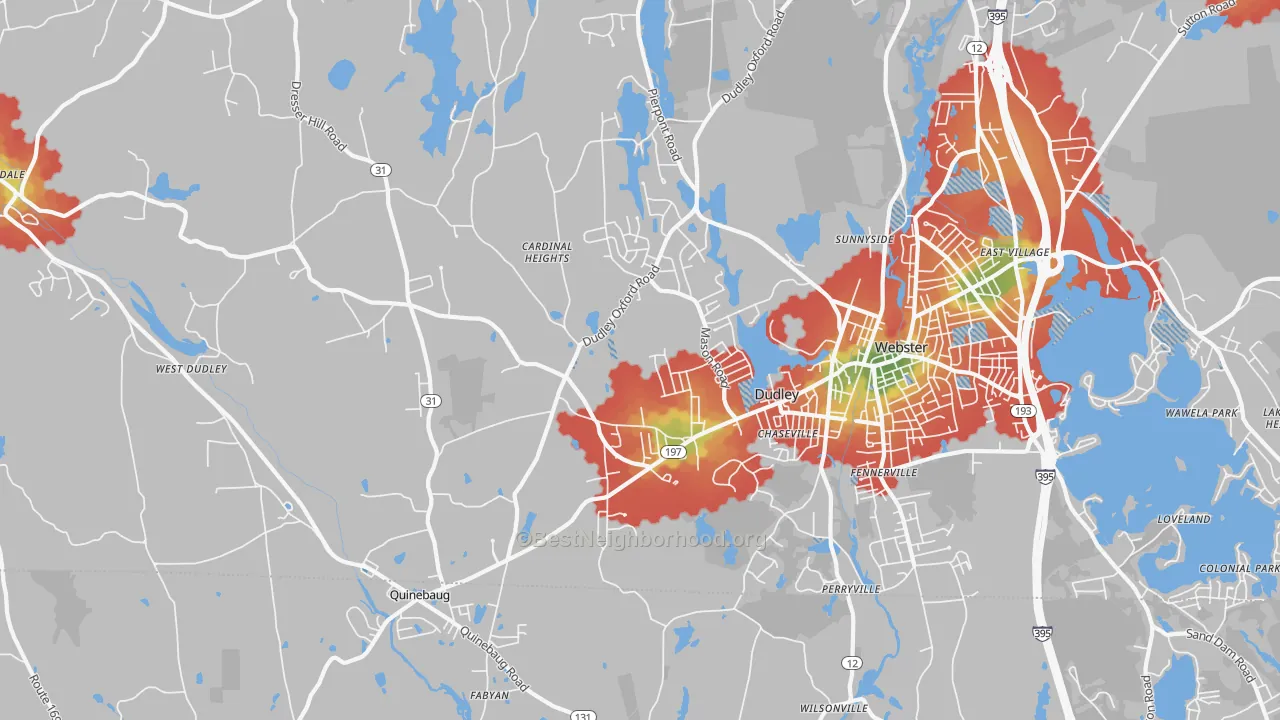 Walk Grade map of 01571, MA, walkable areas in green and car-dependent areas in red