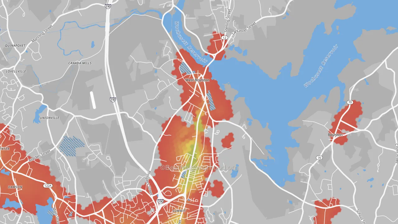 Walk Grade map of 01583, MA, walkable areas in green and car-dependent areas in red