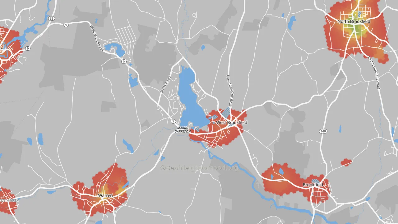Walk Grade map of 01585, MA, walkable areas in green and car-dependent areas in red