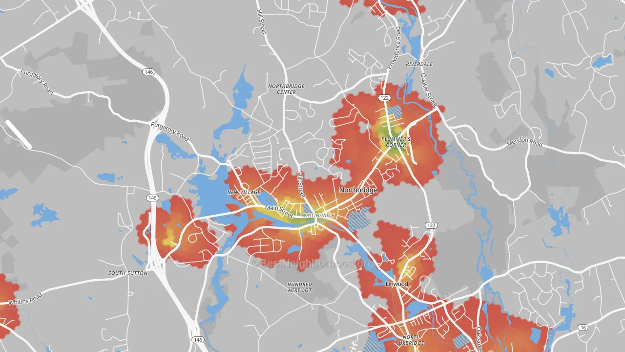 Walk Grade map of 01588, MA, walkable areas in green and car-dependent areas in red