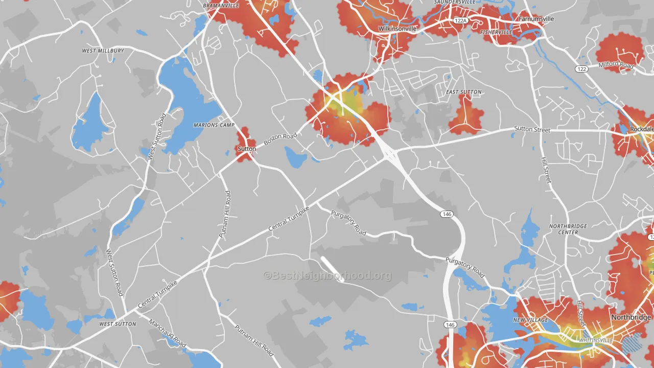 Walk Grade map of 01590, MA, walkable areas in green and car-dependent areas in red