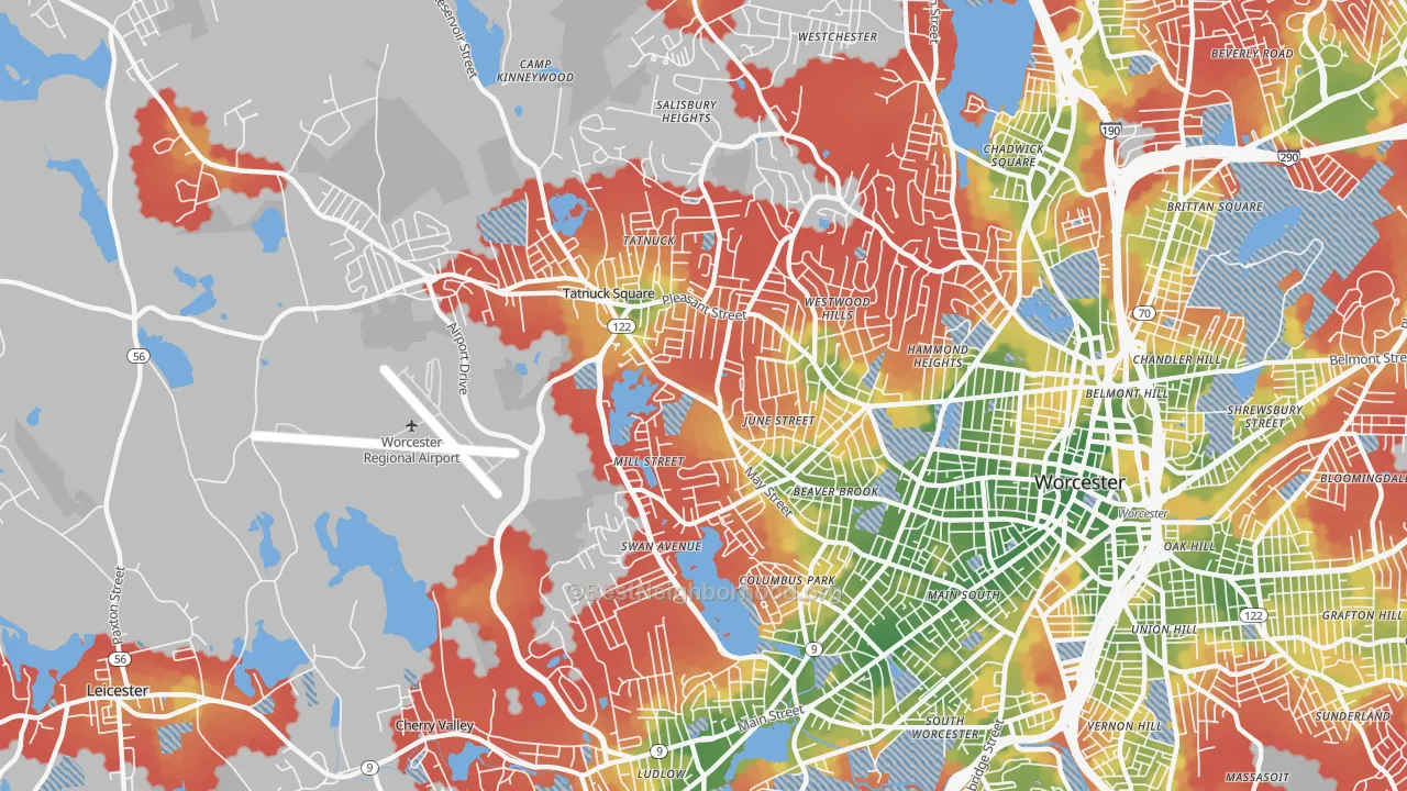 Walk Grade map of 01602, MA, walkable areas in green and car-dependent areas in red