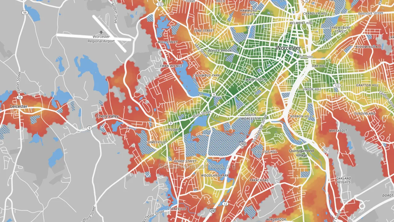 Walk Grade map of 01603, MA, walkable areas in green and car-dependent areas in red