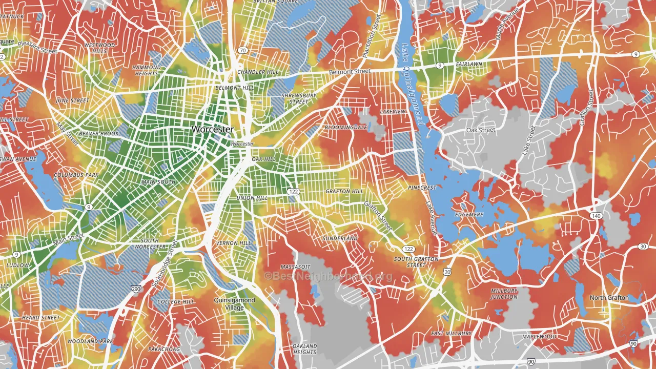 Walk Grade map of 01604, MA, walkable areas in green and car-dependent areas in red