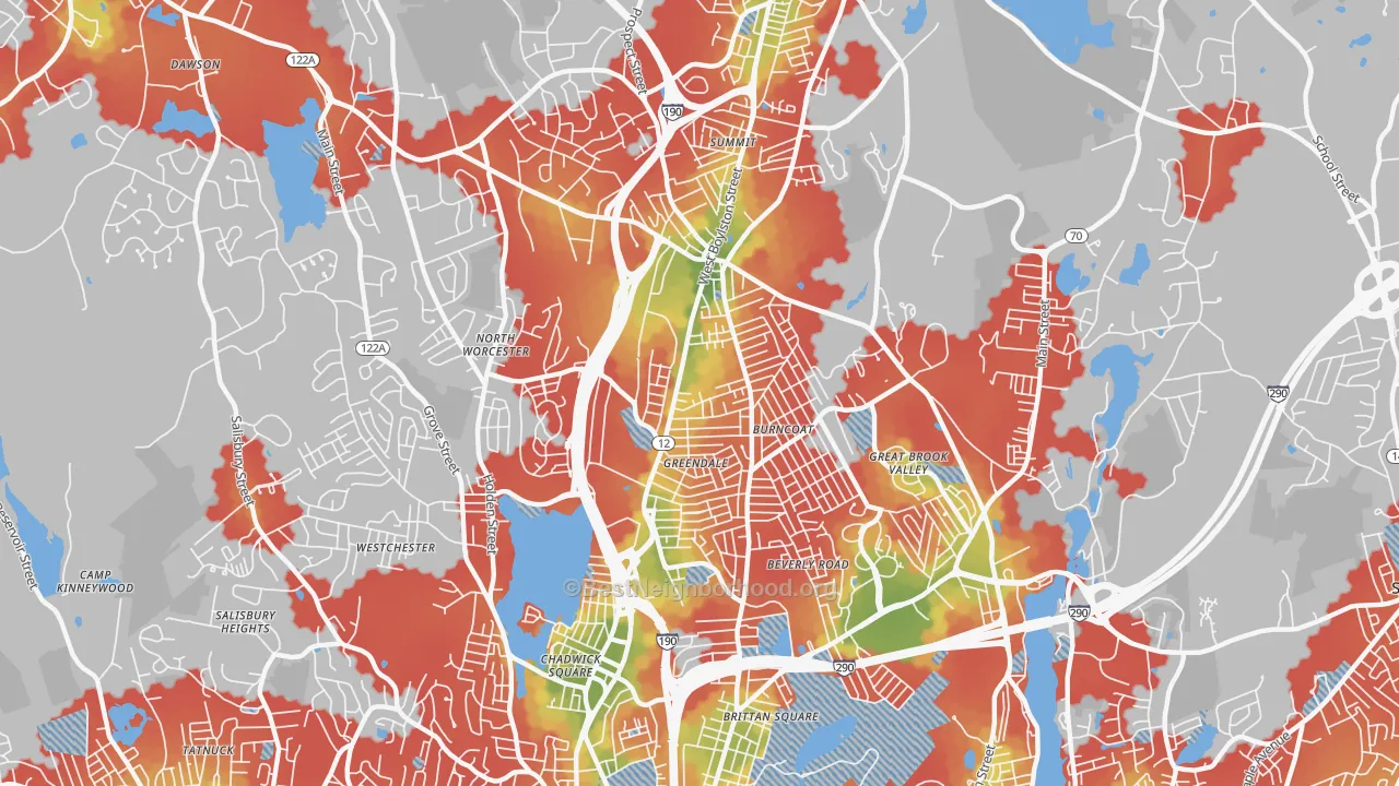 Walk Grade map of 01606, MA, walkable areas in green and car-dependent areas in red