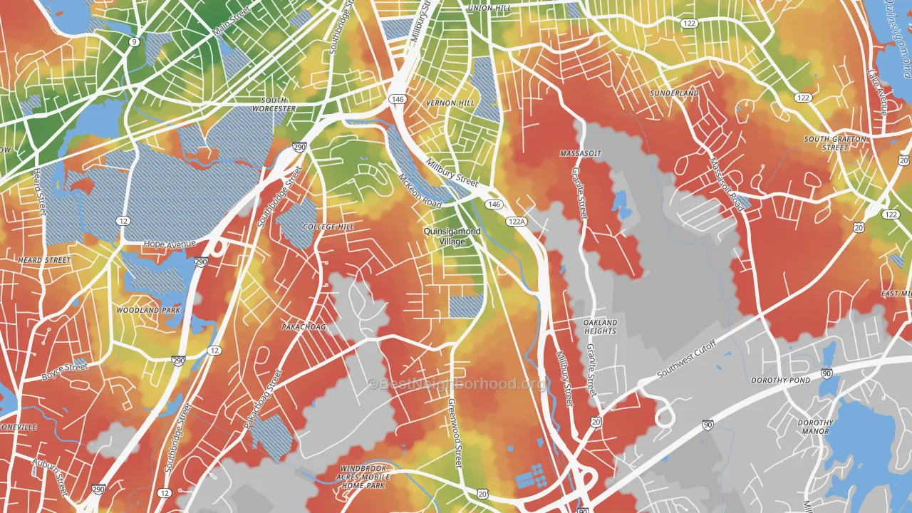 Walk Grade map of 01607, MA, walkable areas in green and car-dependent areas in red