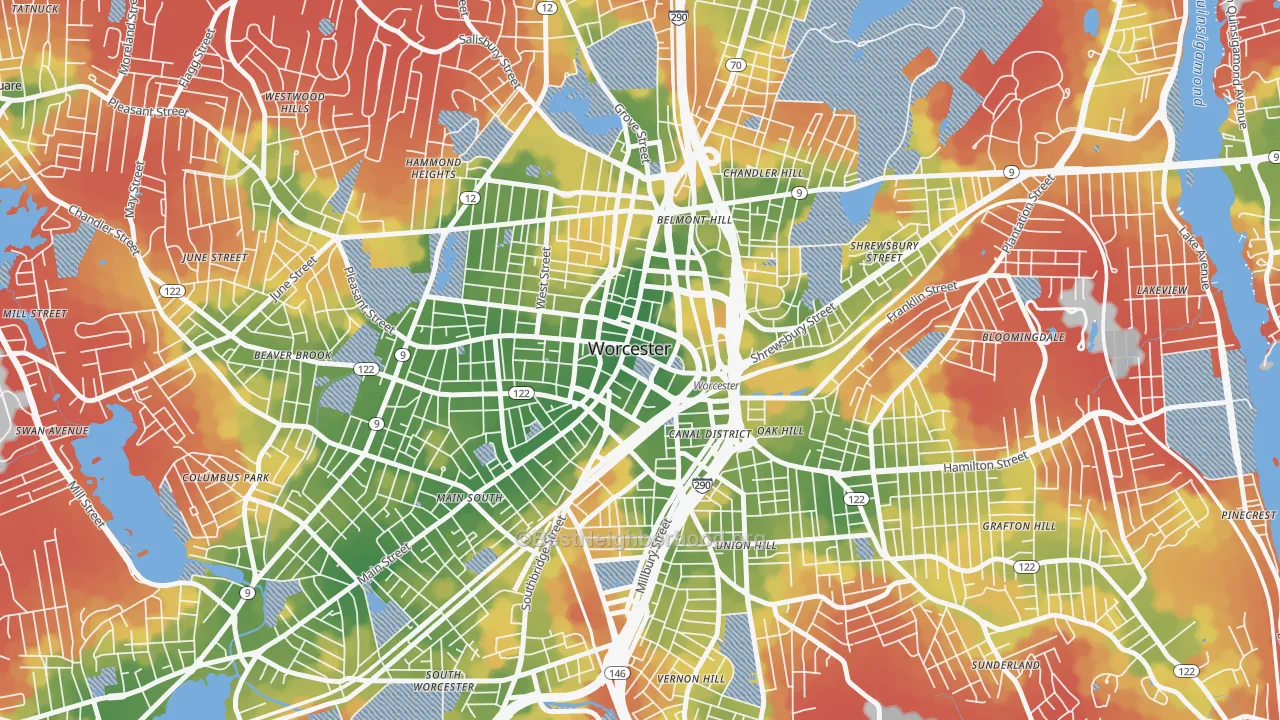 Walk Grade map of 01608, MA, walkable areas in green and car-dependent areas in red