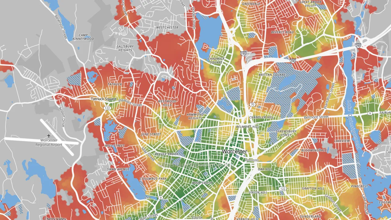 Walk Grade map of 01609, MA, walkable areas in green and car-dependent areas in red