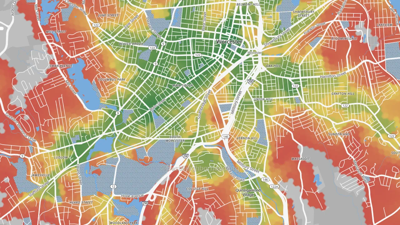Walk Grade map of 01610, MA, walkable areas in green and car-dependent areas in red