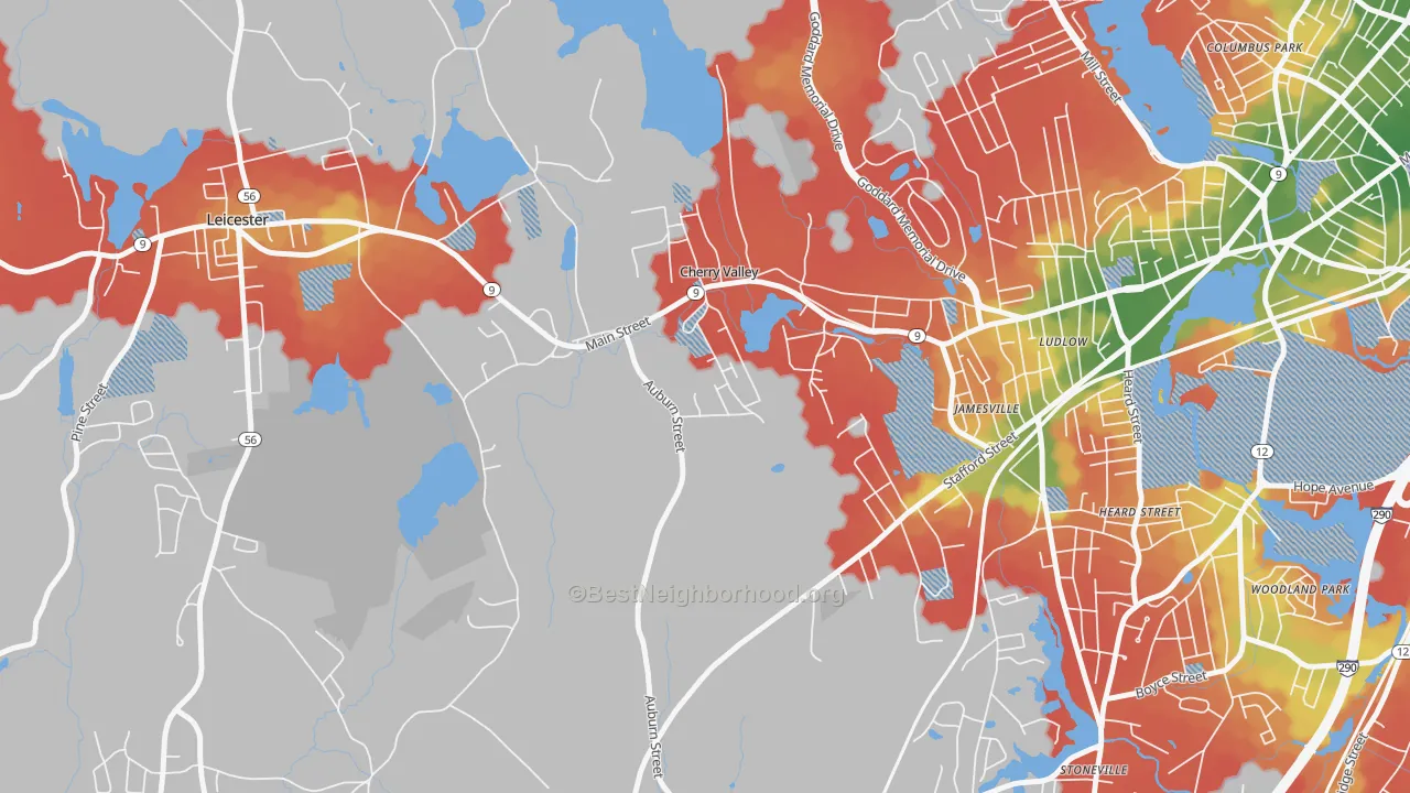Walk Grade map of 01611, MA, walkable areas in green and car-dependent areas in red