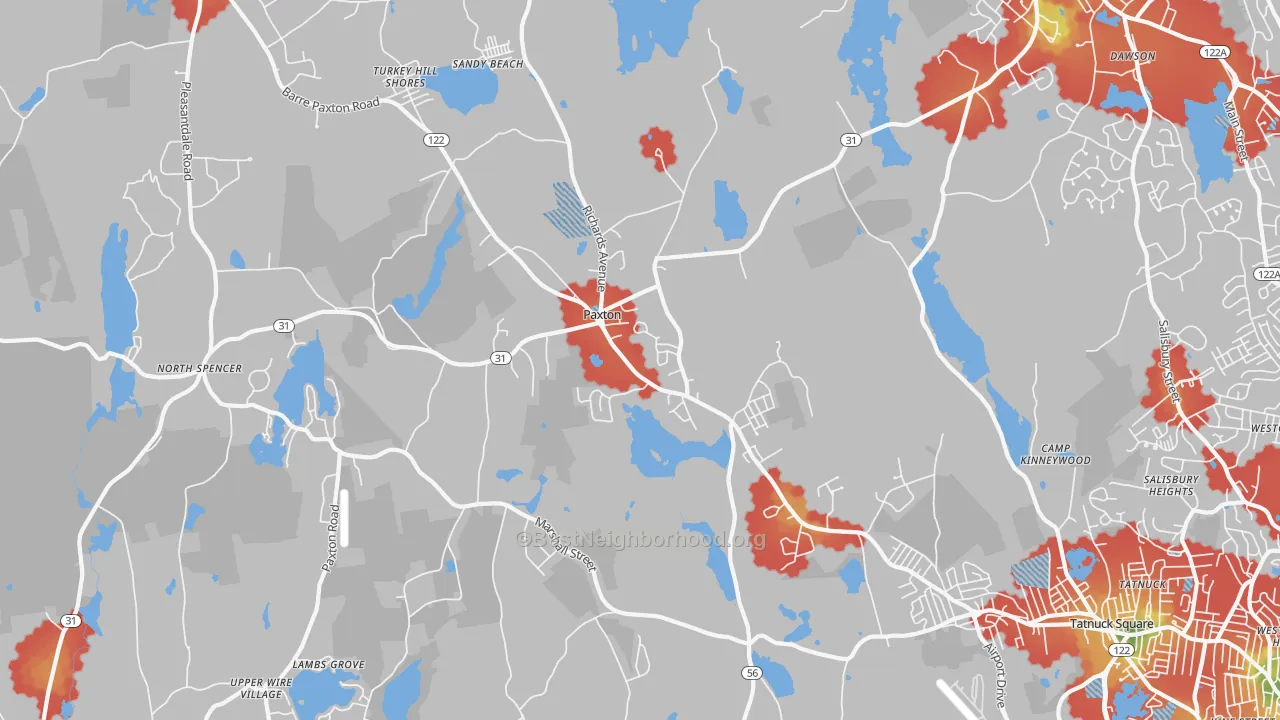 Walk Grade map of 01612, MA, walkable areas in green and car-dependent areas in red
