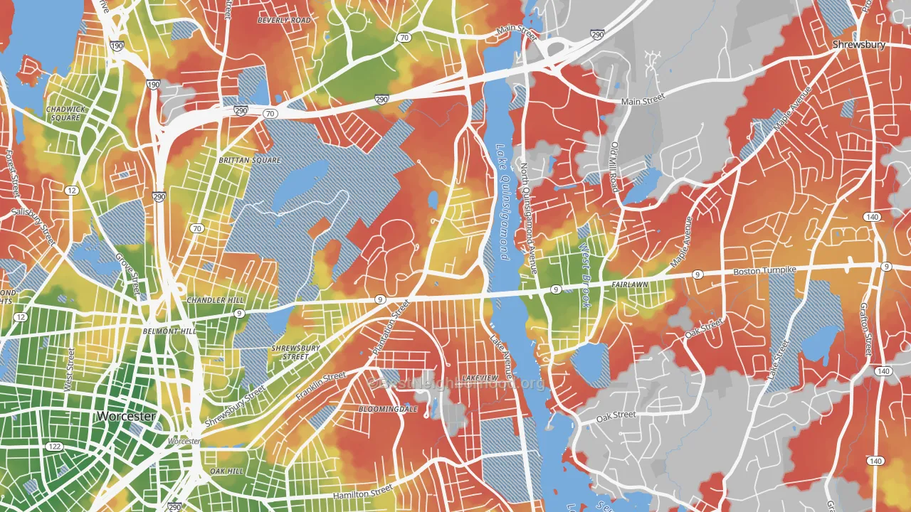 Walk Grade map of 01655, MA, walkable areas in green and car-dependent areas in red