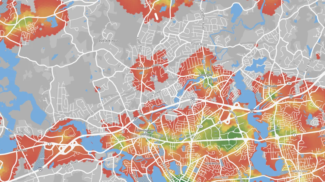 Walk Grade map of 01701, MA, walkable areas in green and car-dependent areas in red